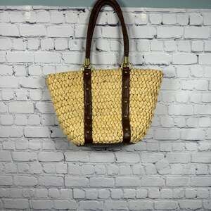 Straw Studios Large Straw & Leather Tote Bag